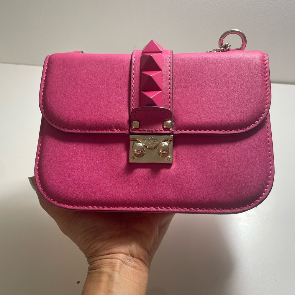 Valentino Pink Leather Small Rockstud Glam Lock Flap Bag